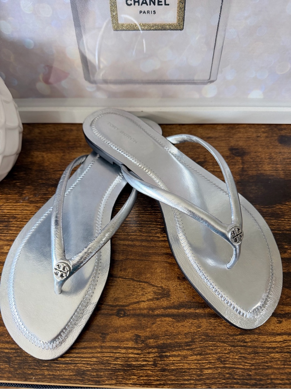 Tory Burch Silver Metallic Logo Thong Sandals